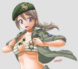 Rule 34 | 1girl, :d, airborne, beret, bikini, bikini top only, bra, braid, breasts, brown hair, cleavage, commentary request, dog tags, ebifly, green beret, green bra, green jacket, grey background, hair between eyes, hair ribbon, hat, jacket, large breasts, looking at viewer, military, open clothes, open jacket, open mouth, original, paratrooper, purple eyes, ranger, ribbon, simple background, smile, solo, striped bra, striped clothes, swimsuit, tress ribbon, twitter username, underwear, upper body