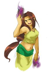 Rule 34 | 1girl, arc the lad, arc the lad ii, breasts, brown hair, card, female focus, green eyes, long hair, midriff, open mouth, sania, solo, taguyu, tank top