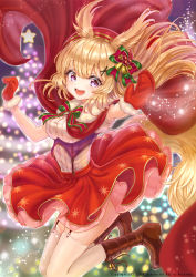 Rule 34 | 1girl, animal ears, arm up, bag, black footwear, blonde hair, boots, bow, breasts, christmas, dress, floating cape, floating hair, garter straps, gloves, hair bow, hair ornament, hand up, hat, hou no ka, jumping, knee boots, long hair, looking at viewer, medium breasts, open mouth, original, purple eyes, red dress, red hat, red theme, santa gloves, solo, star (symbol), thighhighs, white thighhighs, x hair ornament