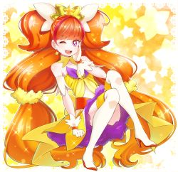 Rule 34 | 1girl, ;d, absurdres, amanogawa kirara, bare shoulders, boots, choker, cure twinkle, earrings, go! princess precure, high heel boots, high heels, highres, jewelry, long hair, magical girl, md5 mismatch, one eye closed, open mouth, orange hair, petticoat, precure, purple eyes, smile, solo, star (symbol), star earrings, starry background, thighhighs, twintails, very long hair, white thighhighs, yellow background, yupiteru