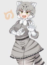 Rule 34 | animal ears, boots, cat ears, cat girl, cat tail, commentary request, fang, fur-trimmed sleeves, fur collar, fur trim, gloves, grey hair, grey skirt, highres, kemono friends, nyaru (pixiv43108714), pallas&#039;s cat (kemono friends), pantyhose, scarf, skirt, spotted hair, striped tail, tail, yellow eyes