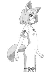 Rule 34 | 1girl, animal ears, closed mouth, fox ears, fox girl, fox tail, from side, greyscale, kudamaki tsukasa, looking at viewer, monochrome, onkn sxkn, short hair, short sleeves, simple background, solo, tail, touhou