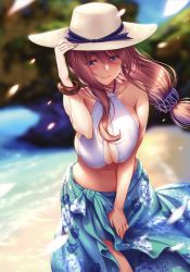 Rule 34 | 1girl, absurdres, bare shoulders, beach, bikini, blue eyes, blurry, blurry background, blush, breasts, brown hair, cleavage, closed mouth, collarbone, day, floral background, hair ornament, hair scrunchie, halterneck, hand up, hanikami kanojo, hat, highres, jewelry, kurumi shinoha, large breasts, lips, long hair, mole, mole under mouth, navel, outdoors, piromizu, sarong, scan, scrunchie, shore, solo, stomach, sun hat, swimsuit, water