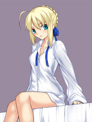 Rule 34 | 1girl, ahoge, arm support, artoria pendragon (all), artoria pendragon (fate), bed, bed sheet, blonde hair, blue eyes, blush, bottomless, breasts, buttons, cleavage, dress shirt, eyebrows, fate/stay night, fate (series), hair up, highres, looking at viewer, on bed, saber (fate), shirt, sitting, skylader, solo