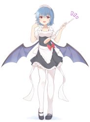 Rule 34 | 1girl, absurdres, alternate costume, apron, bat wings, black footwear, blue hair, duster, emushake, enmaided, full body, highres, looking at viewer, maid, maid headdress, open mouth, red eyes, remilia scarlet, shoes, short hair, simple background, smile, solo, standing, thighhighs, touhou, white background, white thighhighs, wings