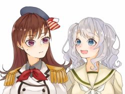 Rule 34 | 2girls, artist request, beret, blush, breasts, brown hair, buttons, closed mouth, collared shirt, commentary, cosplay, costume switch, double-breasted, epaulettes, eye contact, female focus, grey hair, grey shirt, hat, jacket, kantai collection, kashima (kancolle), kashima (kancolle) (cosplay), large breasts, long hair, looking at another, military, military jacket, military uniform, multiple girls, neckerchief, ooi (kancolle), ooi (kancolle) (cosplay), open mouth, purple eyes, red neckerchief, school uniform, serafuku, shirt, side-by-side, simple background, smile, sweat, twintails, uniform, upper body, wavy hair, white background, white neckerchief