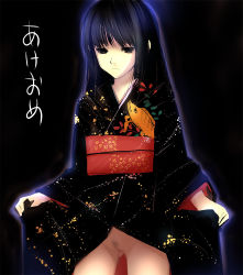 Rule 34 | 1girl, akeome, black background, clothes lift, empty eyes, female focus, female pubic hair, happy new year, japanese clothes, kimono, lifting own clothes, new year, no panties, pubic hair, pussy, skirt, skirt lift, solo, standing, takashima, uncensored