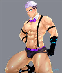 Rule 34 | 1boy, abs, bara, black hair, blush, bow, bowtie, boxer briefs, bulge, detached collar, facial hair, feet out of frame, fingerless gloves, gloves, goatee, gyee, large pectorals, male focus, male pubic hair, male underwear, manly, minato (mina 20mg), multicolored hair, muscular, navel, nipples, pectorals, pubic hair, purple hair, revealing clothes, topless male, short hair, sideburns, solo, suspenders, thick thighs, thighs, underwear, undressing, yan (gyee)