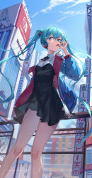 Rule 34 | 1girl, absurdres, alternate costume, arm behind back, bare legs, black dress, blue eyes, blue hair, blue jacket, candy, city, collared dress, day, dress, expressionless, food, food in mouth, from below, hand up, hatsune miku, highres, jacket, lollipop, long hair, looking at viewer, looking down, open clothes, open jacket, outdoors, ruochongsang, solo, twintails, two-tone dress, very long hair, vocaloid