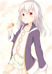Rule 34 | 1girl, absurdres, blush, collarbone, commentary request, copyright request, dress, glint, grey hair, grin, hair between eyes, highres, holding, jacket, long hair, long sleeves, looking at viewer, open clothes, open jacket, purple jacket, red eyes, sleeves past wrists, smile, solo, star (symbol), su guryu, white dress