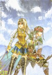 Rule 34 | 1boy, 1girl, alicia (valkyrie profile 2), arrow (projectile), belt, blonde hair, blue eyes, boots, bow, bridal gauntlets, capelet, clenched hand, cloud, green hair, hair ornament, hairband, headband, high boots, highres, jewelry, knee boots, long hair, puffy sleeves, ring, rufus, rufus (valkyrie profile), signature, skirt, sky, squatting, standing, sword, thigh boots, thighhighs, valkyrie profile (series), valkyrie profile 2: silmeria, vambraces, vest, weapon, woltz, zettai ryouiki