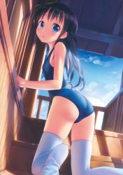 Rule 34 | 1girl, :o, absurdres, ass, bare arms, bare shoulders, blue sky, blue one-piece swimsuit, blush, breasts, building, cloud, day, eyebrows, from behind, highres, house, kneeling, long hair, no shoes, one-piece swimsuit, open mouth, original, outdoors, railing, school swimsuit, shadow, sky, small breasts, soles, solo, stairs, summer, sunlight, swimsuit, takoyaki (roast), tareme, thighhighs, white thighhighs, window, windowsill