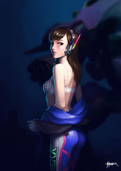 Rule 34 | 1girl, acronym, animal print, armor, ass, back, bare shoulders, blurry, bodysuit, bodysuit pull, boots, bra, breasts, brown eyes, brown hair, clothes writing, cowboy shot, d.va (overwatch), dark background, depth of field, facepaint, facial mark, from side, gatling gun, gloves, gun, headphones, highres, legs together, lips, lipstick, long hair, long sleeves, looking at viewer, looking back, makeup, matching hair/eyes, mecha, medium breasts, meka (overwatch), overwatch, overwatch 1, parted lips, pauldrons, pilot suit, pink lips, polka dot, polka dot bra, rabbit print, ribbed bodysuit, robot, shoulder armor, shoulder blades, shoulder pads, signature, skin tight, solo, strigi signum, thigh boots, thigh strap, thighhighs, underwear, undressing, weapon, whisker markings, white footwear, white gloves