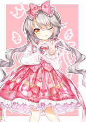 Rule 34 | 1girl, ;p, blush, bow, brown eyes, closed mouth, collared shirt, commentary request, dress shirt, food print, frilled bow, frills, grey hair, hair between eyes, hair bow, heat, long hair, long sleeves, one eye closed, ping hai (warship girls r), pink background, pink bow, pink skirt, print skirt, red bow, shirt, skirt, smile, solo, strawberry print, striped, striped bow, tengxiang lingnai, tongue, tongue out, two-tone background, v-shaped eyebrows, very long hair, warship girls r, white background, white shirt