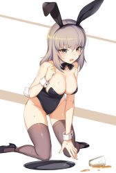 Rule 34 | 10s, animal ears, bare shoulders, bow, bowtie, breasts, brown thighhighs, cleavage, detached collar, fake animal ears, girls und panzer, gluteal fold, grey hair, hairband, highres, icomochi, itsumi erika, kneeling, large breasts, leaning forward, leotard, medium hair, multicolored eyes, open mouth, playboy bunny, rabbit ears, rabbit tail, simple background, solo, spill, sweat, tail, tears, thighhighs, tray, wrist cuffs