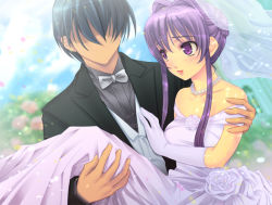 Rule 34 | 00s, bride, carrying, clannad, dress, purple eyes, purple hair, wedding, wedding dress