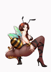 Rule 34 | 1girl, absurdres, aerith gainsborough, antennae, arthropod girl, ass, bad id, bad pixiv id, bare shoulders, bee costume, bee girl, braid, breasts, brown eyes, closed mouth, commentary request, final fantasy, final fantasy vii, final fantasy vii remake, flower, from behind, full body, green eyes, hair flower, hair ornament, high heels, highleg, highleg leotard, highres, honey bee inn, insect girl, leotard, lisp, long hair, looking at viewer, looking back, medium breasts, pantyhose, parted bangs, simple background, single braid, squatting, tabobox, wings, wrist cuffs