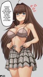 Rule 34 | 1girl, aozaki aoko, bare shoulders, blue eyes, blush, bra, breasts, brown hair, cleavage, english text, fate/grand order, fate (series), grin, hair intakes, highres, large breasts, long hair, looking at viewer, navel, shinsaku (stan-art), skirt, smile, solo, speech bubble, thighs, underwear