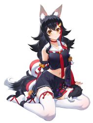 Rule 34 | 1girl, animal ears, bare shoulders, black hair, black shirt, black skirt, breasts, choker, closed mouth, crop top, detached sleeves, hair ornament, hololive, izumi sai, long hair, looking at viewer, midriff, miniskirt, navel, ookami mio, ookami mio (1st costume), orange eyes, pleated skirt, red choker, sailor collar, sandals, shirt, simple background, sitting, skirt, small breasts, solo, stomach, tail, thighhighs, virtual youtuber, white background, white thighhighs, wolf ears, wolf girl, wolf tail, yokozuwari, zettai ryouiki, zouri