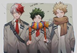 Rule 34 | 3boys, artist name, backpack, bag, bakugou katsuki, blazer, blonde hair, blush, boku no hero academia, brown scarf, closed eyes, closed mouth, collared shirt, commentary request, expressionless, freckles, green hair, grey background, grey jacket, hair between eyes, hands up, highres, jacket, lapels, long sleeves, male focus, midoriya izuku, multicolored clothes, multicolored hair, multicolored scarf, multiple boys, necktie, open clothes, open jacket, parted lips, raineemeow, red hair, red necktie, scarf, school uniform, shirt, shirt tucked in, short hair, simple background, spiked hair, split-color hair, standing, striped clothes, striped scarf, thai commentary, todoroki shouto, two-tone background, two-tone hair, u.a. school uniform, untucked shirt, v-shaped eyebrows, watermark, white background, white hair, white shirt, wind, wing collar