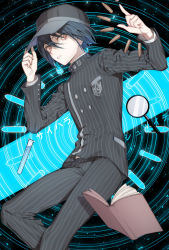 Rule 34 | 1boy, bad anatomy, baseball cap, black hair, black hat, black jacket, black pants, book, brown eyes, bullet, buttons, danganronpa (series), danganronpa v3: killing harmony, double-breasted, floating, floating object, hair between breasts, hair between eyes, hands up, hat, jacket, layered sleeves, long sleeves, looking at viewer, magnifying glass, male focus, open book, pants, parted lips, saihara shuichi, short hair, solo, striped clothes, striped jacket, striped pants, teeth, zuizi