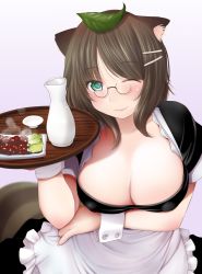 Rule 34 | 1girl, absurdres, animal ears, black dress, blush, breasts, brown hair, cleavage, closed mouth, covered erect nipples, dress, food, futatsuiwa mamizou, glasses, green eyes, hair ornament, hairclip, highres, holding, holding tray, kozue akari, large breasts, leaf, leaf on head, looking at viewer, maid, medium hair, one eye closed, pince-nez, puffy short sleeves, puffy sleeves, purple background, raccoon ears, raccoon tail, shirt, short sleeves, smile, solo, tail, touhou, tray, waitress, white shirt, wrist cuffs