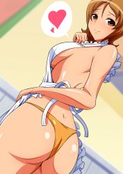 Rule 34 | 10s, 1girl, aokura shou, apron, ass, ass focus, blush, breasts, brown eyes, brown hair, from behind, happinesscharge precure!, heart, highres, looking at viewer, nearly naked apron, oomori yuuko, panties, precure, short hair, sideboob, smile, solo, spoken heart, thong, underwear, yellow panties