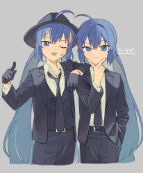 Rule 34 | 2girls, ahoge, arm on shoulder, arm rest, artist name, belt, black belt, black gloves, black headwear, black jacket, black necktie, black pants, black suit, black vest, blazer, blonde hair, blue eyes, blue hair, closed mouth, collared shirt, cropped legs, crossdressing, dress pants, dual persona, facial tattoo, fedora, formal, gloves, grey background, halftone, hand in pocket, hat, highres, jacket, long hair, looking at viewer, loose necktie, low twintails, multicolored hair, multiple girls, musical note, musical note tattoo, necktie, one eye closed, otomachi una, otomachi una (spicy), otomachi una (sugar), pants, pointing, pointing at viewer, popped collar, raised eyebrow, shirt, simple background, smirk, streaked hair, suiso sn3, suit, tattoo, three-piece suit, tongue, tongue out, translation request, twintails, v over mouth, very long hair, vest, vocaloid, white shirt