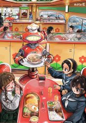 Rule 34 | 6+boys, 6+girls, artist name, black eyes, black hair, bowl, braid, breast rest, breasts, brown eyes, brown hair, car, chopsticks, closed eyes, cup, egg (food), food, glass, glasses, hai to hickory, hair between eyes, hair ornament, hairband, hairclip, highres, huge breasts, interior, large breasts, motor vehicle, multiple boys, multiple girls, noodles, open mouth, original, own hands together, pleated skirt, ramen, restaurant, rice, robot, sausage, school uniform, serafuku, short hair, signature, sitting, skirt, small breasts, smile, soup, steam, sunny side up egg, tray, twin braids, window