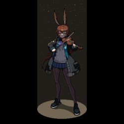 Rule 34 | 1girl, amiya (arknights), animal ears, arknights, ascot, black background, black footwear, black jacket, black pantyhose, blue ascot, blue skirt, bow (music), closed eyes, commentary, full body, hair between eyes, holding, holding bow (music), instrument, jacket, light beam, long hair, lowres, mizorehi, music, open clothes, open jacket, pantyhose, pixel art, plaid, plaid skirt, playing instrument, ponytail, rabbit ears, ribbed shirt, shadow, shirt, simple background, skirt, solo, standing, very long hair, violin, white shirt