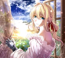 Rule 34 | 1girl, bad id, bad pixiv id, blonde hair, blue eyes, bouquetforangel, cloud, curtains, floating hair, from side, hair between eyes, hair ribbon, highres, indoors, long hair, looking at viewer, ocean, off-shoulder shirt, off shoulder, prosthesis, prosthetic arm, red ribbon, ribbon, shirt, solo, sunlight, upper body, violet evergarden, violet evergarden (series), white shirt