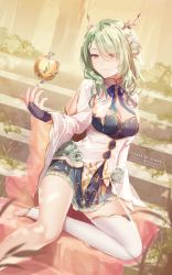 Rule 34 | 1girl, antlers, apple, blue dress, braid, braided bangs, breasts, bridal gauntlets, ceres fauna, commentary, dress, eyes visible through hair, flower, food, fruit, green eyes, green flower, green nails, green rose, hair flower, hair ornament, hair over one eye, highres, hololive, hololive english, horns, large breasts, long hair, long sleeves, multicolored hair, nail polish, no shoes, rimuu, rose, single braid, single bridal gauntlet, single thighhigh, sitting, solo, stairs, stirrup legwear, streaked hair, thighhighs, toeless legwear, virtual youtuber, white thighhighs, yellow eyes