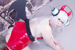 Rule 34 | 1girl, asian, ass, ass cutout, bat wings, blue eyes, breasts, chain, cleavage, clothing cutout, cosplay, cuffs, curvy, demon girl, fake horns, fat, fork, glasses, halloween costume, headphones, heart, horns, jewelry, keito (cosplayer), long hair, looking at viewer, low wings, pendant, photo (medium), plump, shackles, silver hair, solo, super taruco, super taruco (cosplay), wings, wrist cuffs