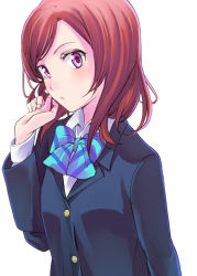 Rule 34 | 10s, 1girl, blazer, blue bow, bow, bowtie, twirling hair, jacket, long sleeves, looking at viewer, love live!, love live! school idol project, nishikino maki, nishiuri warito, pink eyes, playing with hair, purple eyes, red hair, school uniform, simple background, solo, striped bow, striped bowtie, striped clothes, striped neckwear, upper body, white background