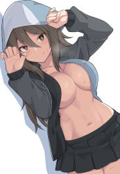 Rule 34 | 1girl, black jacket, black skirt, breasts, brown eyes, brown hair, closed mouth, girls und panzer, hair between eyes, hat, jacket, large breasts, long hair, looking at viewer, lying, mika (girls und panzer), navel, on back, open clothes, open jacket, shiseki hirame, simple background, skirt, smile, solo, sweat, white background
