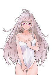 Rule 34 | 1girl, bad id, bad pixiv id, bare arms, bare shoulders, blush, bottomless, breasts, camisole, collarbone, covering privates, covering crotch, cowboy shot, emily (last origin), gluteal fold, grey hair, groin, hand on own chest, hank (gogaek), highres, last origin, long hair, looking at viewer, pink eyes, simple background, small breasts, solo, straight hair, strap slip, thigh gap, thighhighs, underwear, underwear only, very long hair, white background
