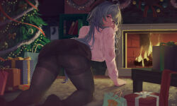 Rule 34 | 1girl, ahoge, all fours, alternate costume, ass, blue hair, box, breasts, christmas, curled horns, fire, fireplace, from behind, ganyu (genshin impact), genshin impact, gift, gift box, highres, horns, indoors, large breasts, long hair, long sleeves, looking back, nev (nevblindarts), office lady, pantyhose, parted lips, shirt, solo, very long hair, wet, wet clothes, wet shirt, white shirt
