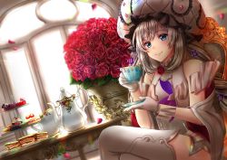 Rule 34 | 1girl, bad id, bad pixiv id, bare shoulders, blue eyes, blush, boots, cake, closed mouth, crossed legs, cup, dress, fate/grand order, fate (series), flower, food, gloves, hat, long hair, looking at viewer, macaron, marie antoinette (fate), marie antoinette (third ascension) (fate), red flower, red rose, rose, sandwich, saruei, short dress, silver hair, sitting, sleeveless, sleeveless dress, smile, solo, strawberry shortcake, sunlight, teacup, teapot, thigh boots, thighhighs, tiered tray, vase, white gloves