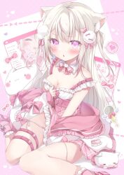 Rule 34 | 1girl, animal ear fluff, animal ears, belt, blonde hair, blush, breasts, cat ears, cat girl, cleavage, commentary, detached collar, dress, earrings, frilled dress, frills, highres, jewelry, medium breasts, open mouth, original, picpicgram, pink belt, pink eyes, pink footwear, pom pom (clothes), pom pom earrings, sitting, solo, stuffed animal, stuffed cat, stuffed toy, symbol-only commentary, thigh strap, two side up, wariza, window (computing)