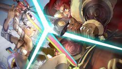 Rule 34 | 1boy, 1girl, altera (fate), bra, cape, crossed swords, dark-skinned female, dark-skinned male, dark skin, detached sleeves, fate/extella, fate/extra, fate (series), fur trim, game cg, highres, iskandar (fate), kneeling, long sword, looking at another, non-web source, official art, photon ray (fate), photoshop (medium), red cape, red eyes, red hair, sword, teeth, thighhighs, underwear, veil, wada arco, weapon, white hair