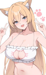Rule 34 | 1girl, absurdres, animal ear fluff, animal ears, bare shoulders, blonde hair, blue hair, breasts, brll, cat cutout, cat ears, cat girl, cat lingerie, cleavage, clothing cutout, collarbone, double v, highres, large breasts, long hair, meme attire, open mouth, original, solo, stomach, v