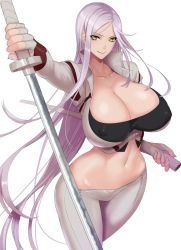 Rule 34 | 1girl, breasts, cleavage, highres, huge breasts, long hair, midriff, pink hair, sagiri yuuko, sword, triage x, weapon