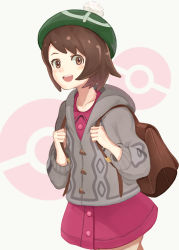 Rule 34 | 1girl, backpack, bag, blush, bob cut, brown bag, brown eyes, brown hair, buttons, cable knit, cardigan, collared dress, commentary, cowboy shot, creatures (company), dress, game freak, gloria (pokemon), green hat, grey cardigan, hat, holding strap, hooded cardigan, long sleeves, looking at viewer, nintendo, open mouth, pink dress, poke ball, pokemon, pokemon swsh, pom pom (clothes), purea, short hair, smile, solo, tam o&#039; shanter, white background