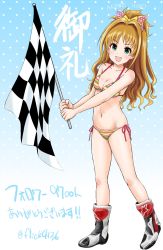 Rule 34 | 1girl, bikini, blue background, boots, bow, breasts, brown hair, character name, checkered flag, cleavage, commentary request, flag, flick (sal23), green eyes, hair bow, hair intakes, halterneck, high ponytail, highres, hino akane (idolmaster), holding, holding flag, idolmaster, idolmaster cinderella girls, long hair, looking at viewer, medium hair, milestone celebration, multicolored stripes, navel, open mouth, polka dot, polka dot background, ponytail, side-tie bikini bottom, smile, solo, standing, striped bikini, striped clothes, swimsuit, translated, twitter username, white footwear