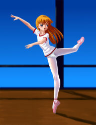 1girl ballerina ballet_slippers blue_eyes blush brown_hair buruma dancing gym_uniform long_hair looking_to_the_side open_mouth original pantyhose pink_footwear shirt shoes short_sleeves sky smile standing standing_on_one_leg tiptoes usuiou white_buruma white_pantyhose white_shirt window