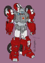 Rule 34 | 1boy, alex milne, autobot, badge, cannon, character name, clenched hands, countdown (transformers), male focus, mecha, no humans, official art, orange eyes, pink background, radar dish, robot, science fiction, shoulder cannon, signature, standing, the transformers (idw), transformers, wheel