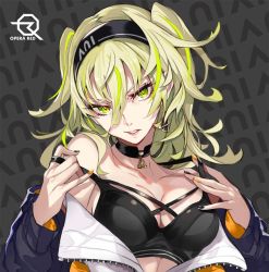 Rule 34 | 1girl, bad id, bad pixiv id, black bra, black choker, black nails, blue jacket, bra, breasts, bright pupils, choker, commentary request, fingernails, green eyes, green hair, hair between eyes, hairband, jacket, jewelry, long sleeves, looking at viewer, medium breasts, multicolored hair, multicolored nails, nail polish, off shoulder, orange nails, original, parted lips, pink lips, pokimari, ring, short hair, solo, streaked hair, two side up, underwear, undressing, upper body, yellow pupils