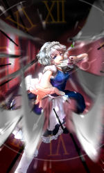 Rule 34 | 1girl, action, aiming, aiming at viewer, apron, bad id, bad pixiv id, between fingers, blue dress, blue eyes, blurry, blurry background, bow, braid, covered mouth, depth of field, dress, foreshortening, frilled dress, frills, hair bow, hallway, hand up, holding, holding knife, izayoi sakuya, kneehighs, knife, knives between fingers, looking at viewer, maid, maid apron, maid headdress, miturousoku, outstretched arm, pov, puffy short sleeves, puffy sleeves, ribbon, roman numeral, serious, shirt, short hair, short sleeves, silver hair, sleeveless, sleeveless dress, socks, solo, time, touhou, twin braids, white shirt, white socks