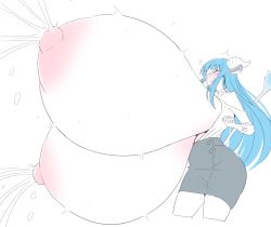 Rule 34 | 1girl, animal ears, blue hair, blush, breast expansion, breasts, bursting breasts, clenched teeth, cow ears, cow girl, cow horns, cow tail, futon7979, gigantic breasts, glasses, highres, horns, impossibly large breasts, lactation, monochrome, pencil skirt, skirt, tail, teeth, white background