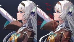 Rule 34 | 1girl, arm up, black hairband, black jacket, blue eyes, commentary request, crying, crying with eyes open, dasha, firefly (honkai: star rail), grey hair, hairband, honkai: star rail, honkai (series), jacket, long hair, long sleeves, multiple views, parted lips, tears, upper body, very long hair